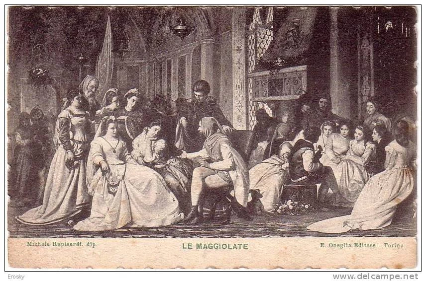 Cartolina illustrata che riproduce il dipinto Maggiolata Fiorentina del 1872 ca
